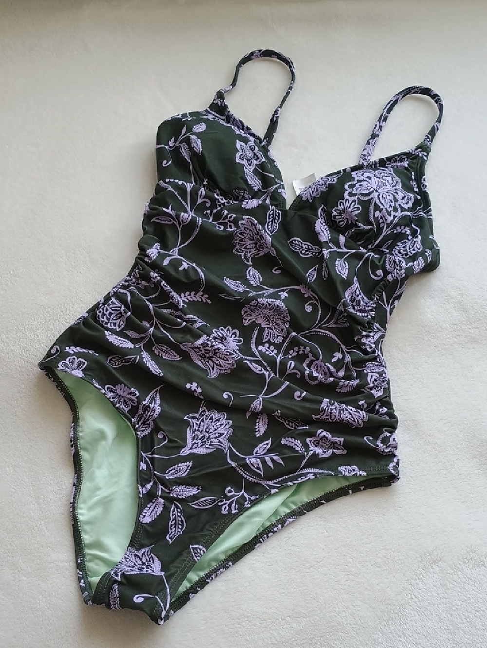 Cupshe Olive Green One-Piece Swimsuit with Light Lavender Floral Print